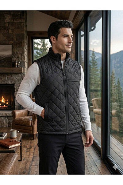ae fashion Vestă pufă matlasată neagră pentru bărbați, cu buzunare și fleece ...