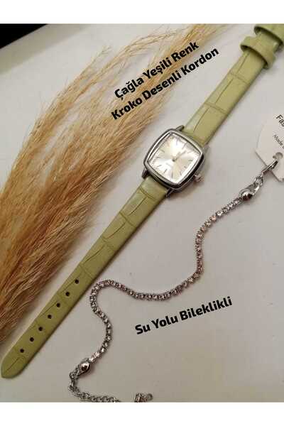 Brality ساعة يد نسائية ريترو - حزام بنمط جلد التمساح باللون الأخضر - علبة فضي...