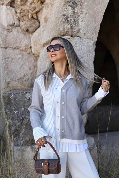 bytugcekaya Cardigan cu detaliu de cămașă cu dungi, gri, mărime standard