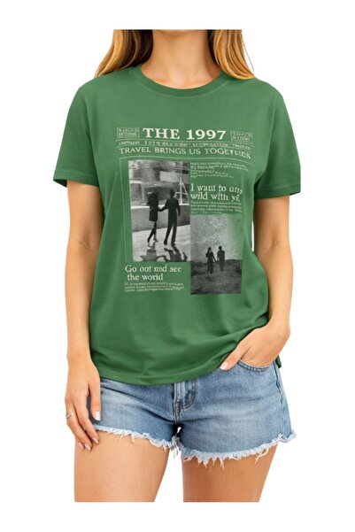 ship master Unisex Vintage T-Shirt με στάμπα εφημερίδας, υπερμεγέθη πράσινο μ...