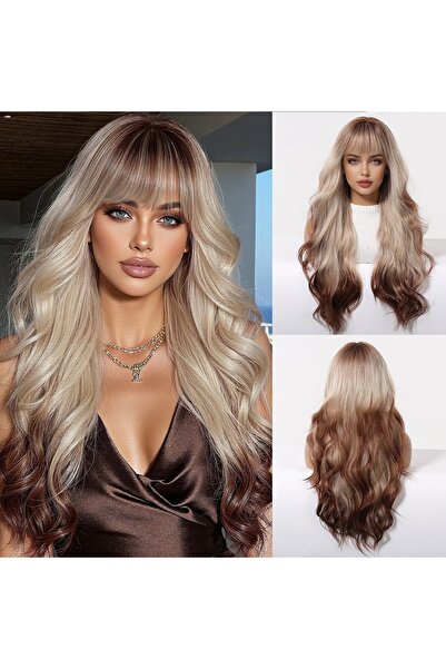 animis beauty Blonde Wig with Brown, long wavy hair, no bangs, synthetic fibe...