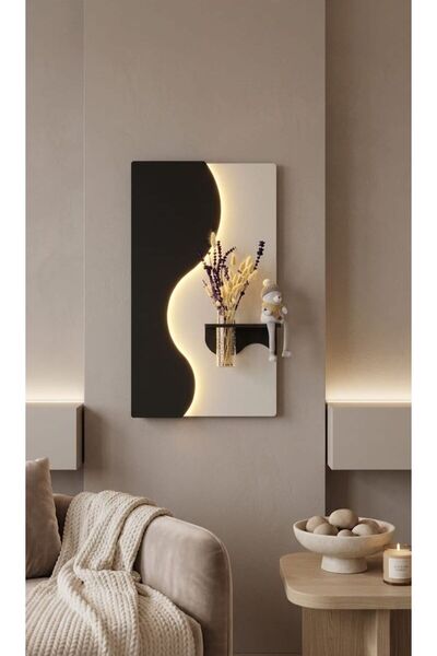 SERENGETI ART MANOLYA AHŞAP PİLLİ LEDLİ İSKANDİNAV TARZI SALON DUVAR RAFI MOD...
