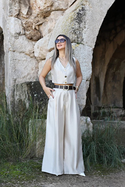 bytugcekaya Χρυσό Γυαλιστερό Σατέν Σετ Παντελόνι με Γιλέκο