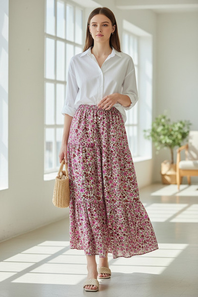 ENDAMIM Γυναικεία φούστα με φλοράλ σχέδια, ελαστική μέση, υφαντό βισκόζη, καλ...