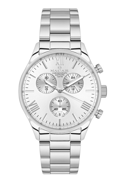 Nacar ساعة يد رجالية رياضية من الزجاج الياقوتي باللون الفضي NC08-29430616-ASM