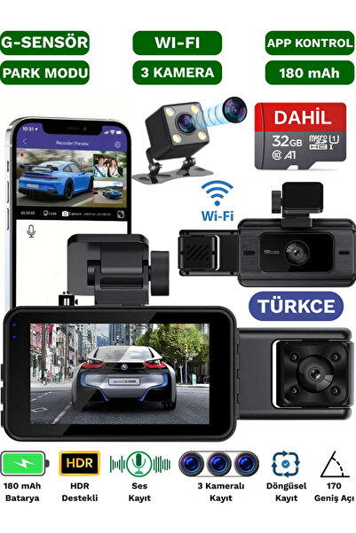 SONREİR S15 WiFi FHD 3 Kameralı Türkçe Araç İçi Güvenlik Kamerası Gece Görüşü...