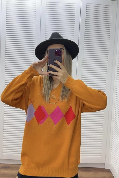 bytugcekaya Pulover portocaliu Baklava cu decolteu în V - Mărime standard