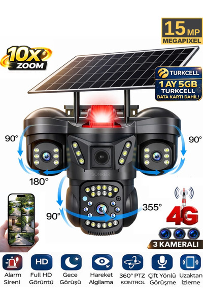 SONREİR RX66G 3 Kameralı 4G Sim Kartlı Solar Güvenlik Kamerası Dış Mekan Gece...