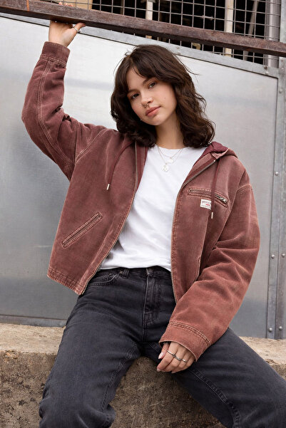 september island Paula Ekose Soluk Bordo Renk Kanvas Astarlı Kapüşonlu Mont