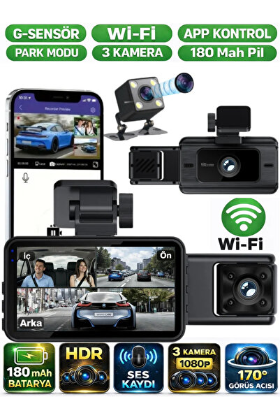 SONREİR S15 WiFi 3 Kameralı Araç İçi Güvenlik Kamerası IR Gece Görüşlü Ön-Ark...
