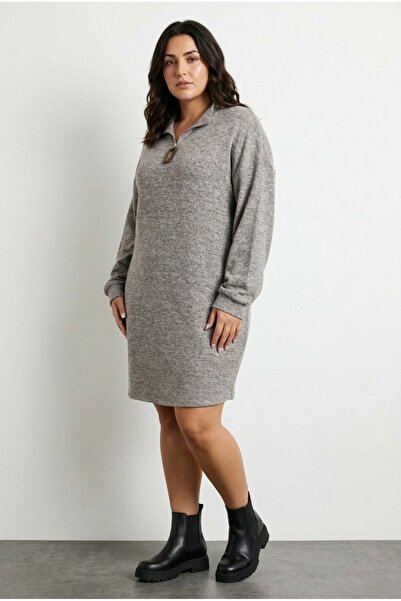 Stil Diva Plus Size Zipper V-Neck Long Sleeve Plush Fabric Lycra Viscose Dres...