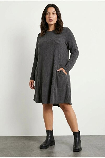 Stil Diva Plus Size Long Sleeve Crew Neck Pocket Ribbed Dress 304008