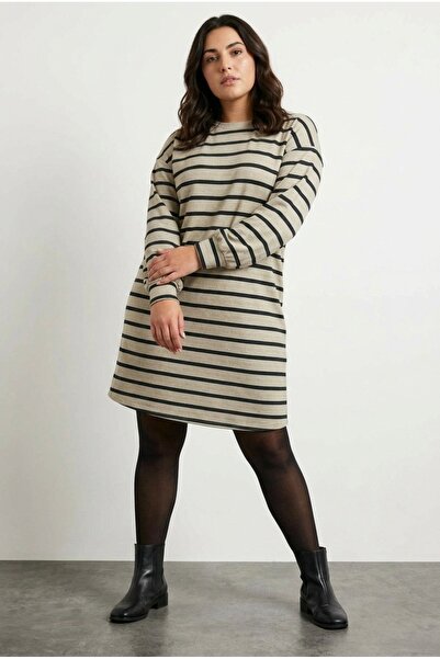 Stil Diva فستان قصير من الليكرا والفسكوز بياقة دائرية وأكمام طويلة ومخطط مقاس...