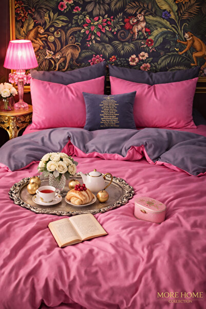 MORE HOME غطاء لحاف مزدوج + غطاء وسادة باللون الفوشيا-أنثراسايت