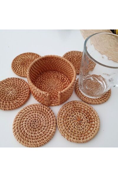 Renesse Home Kayes Handmade Natural Rattan Coaster Set of 6 – Wicker Decorative Table and Coffee Table Accessory