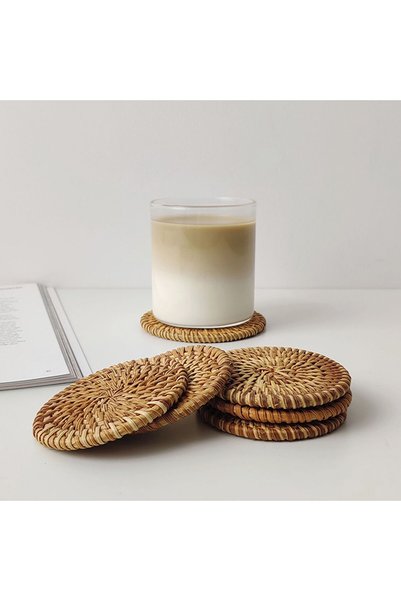 Renesse Home Kayes Handmade Natural Rattan Coaster Set of 6 – Wicker Decorative Table and Coffee Table Accessory