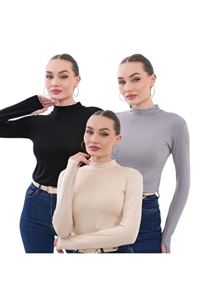 bykombincim 100% Viscose Fabric Women's Finger Detail Bodysuit 3-Piece Black-...