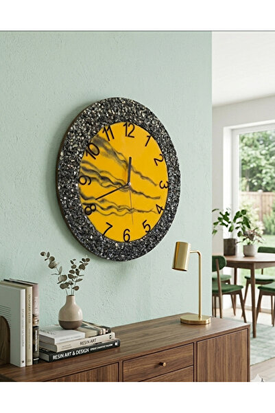 Home Duvar Saati 35 cm-Şık Sarı Ve Siyah Tasarım-Epoxy Taşlı Dekoratif Saat