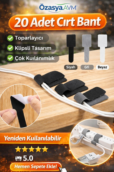 Özasya AVM 20 Adet Kendinden Yapışkanlı Cırt Cırtlı Bant (SİYAH RENK)