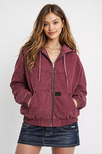 september island Orla Bordo Renk Kanvas Astarlı Kapüşonlu Mont