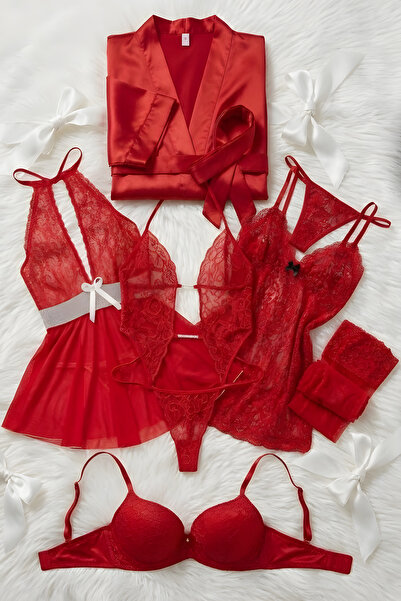 ZENCHES Kadın Kırmızı Kutulu 8 Parça Çeyiz Seti Pijama Takımı,Sabahlık,Şortlu...