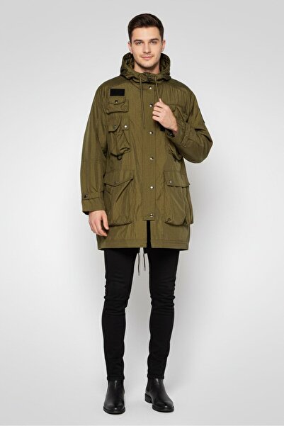 Diesel Men Plain Long Sleeves Hooded Windbreaker Jacket, Olive