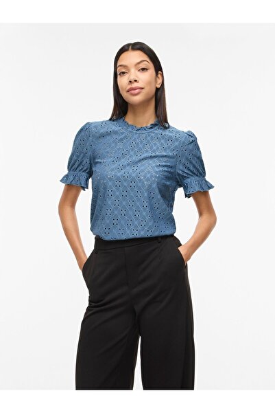 VILA Oberteil mit kurzen Ärmeln Stickerei