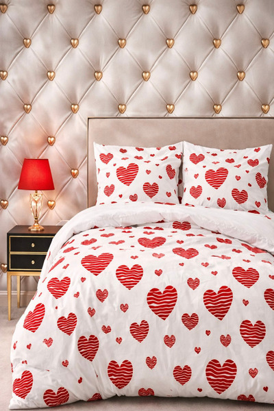 MORE HOME غطاء لحاف مزدوج + غطاء وسادة بنمط قلب باللون الأبيض والأحمر