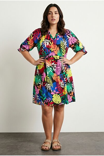 Stil Diva Plus Size V-Neck Floral Patterned Mini Lycra Viscose Dress 304070