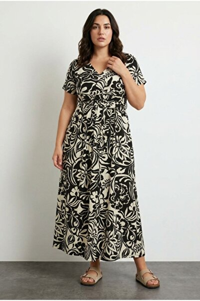 Stil Diva Plus Size Floral Short Sleeve V-Neck Belted Wrap Lycra Dress 304073