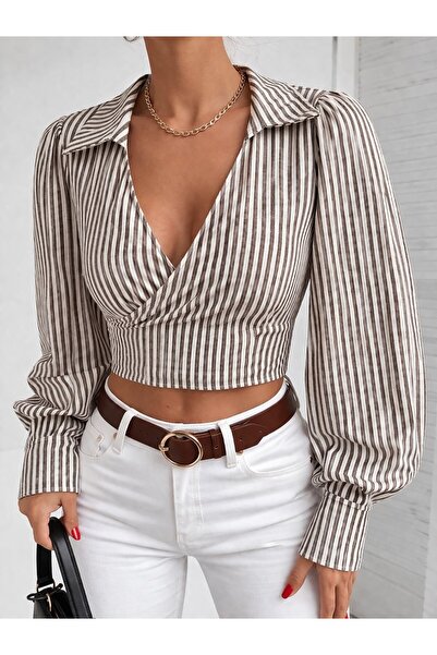 SERBA Brown Color K Double-Breasted Back Tie C Cropped Long Sleeved Women's B...