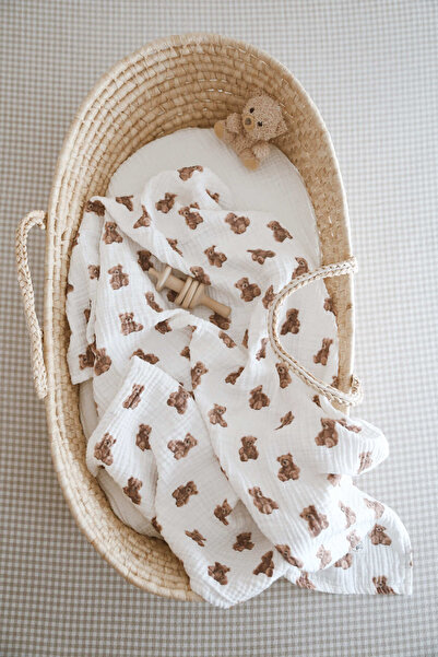 DoDo'S Baby ÇİFT KATLI AYICIK TEDDY DESEN ORGANİK MÜSLİN ÖRTÜ