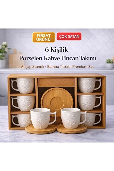 Aşkana 6 Kişilik Porselen Türk Kahvesi Fincan Takımı.Bambu Tabaklı Premium Ka...