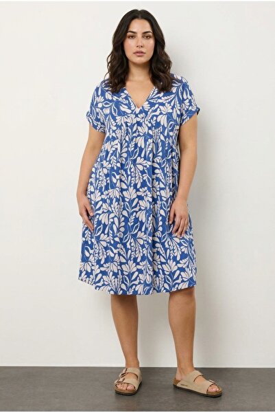 Stil Diva Büyük Beden V Yaka Kısa Kollu Cepli Çiçek Desenli Midi Elbise 616286