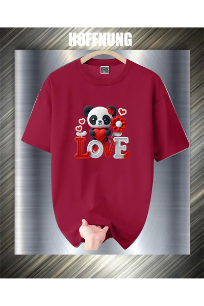 HOFFNUNG Unisex Short Sleeve Round Neck Bear Heart Love Printed Solid Color T...