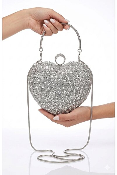 çantamgelsin Γυναικεία βραδινή τσάντα φόρεμα με ασημί κρύσταλλο καρδιά