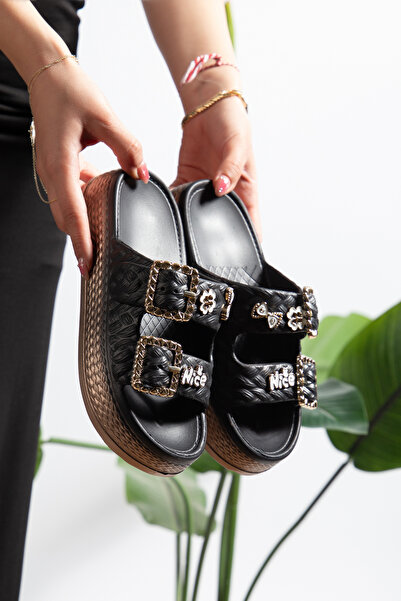 PLN SHOES باستيل جولد جولد تفاصيل إبزيم نعل عالي للنساء شبشب يوميًا على الشاط...