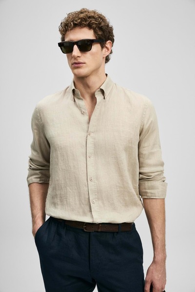 Lufian 111010654 Pitaya Men's Linen Shirt Comfort Fit Men's Shirt Beige