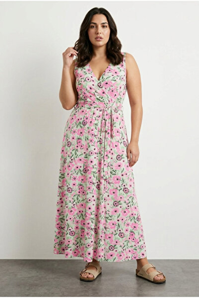 Stil Diva Plus Size V-Neck Zero Sleeve Belted Waist Patterned Lycra Viscose D...