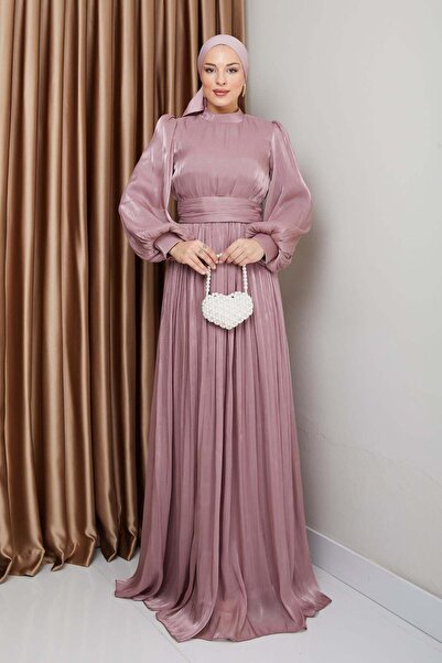 Olcay Hedvábné hidžábové večerní šaty s páskem v pase a stahovací šňůrkou RŮŽ...