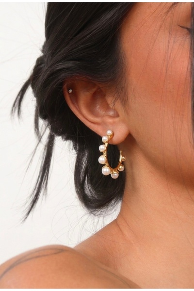 Markiz Takı Gold Design Pearl Row Hoop Earrings