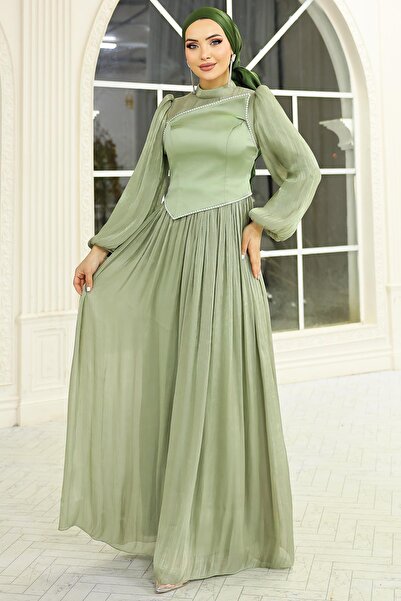 Olcay İnci ve Saten Detaylı Yoryo İpek Tesettür Abiye Elbise AÇIK YEŞİL 1688