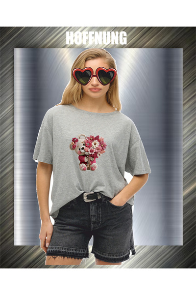 HOFFNUNG Unisex Short Sleeve Round Neck Bear Heart Bouqet Printed Solid Color...
