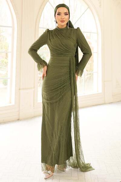 Olcay Volan Detailliertes Spitzen-Hijab-Abendkleid GRÜN 1251