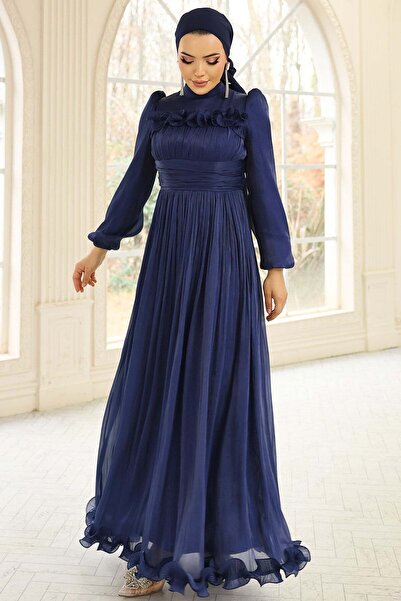 Olcay Fırfır ve Pilise Detaylı Yoryo İpek Tesettür Abiye Elbise K. İNDİGO 1250