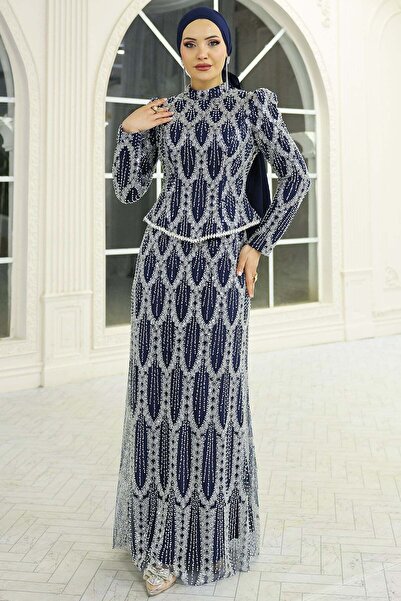 Olcay İnci ve Boncuk Bezeli Exclusive Tesettür Abiye Elbise LACİVERT 1062