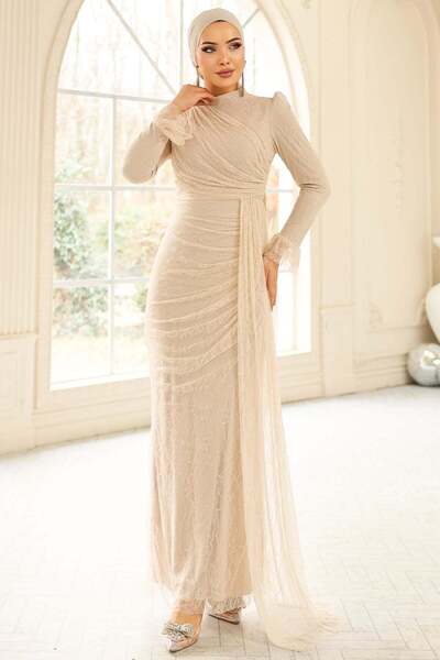 Olcay Volan Detaylı Dantel Tesettür Abiye Elbise KREM 1251
