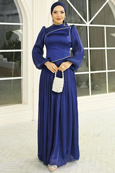 Olcay İnci ve Saten Detaylı Yoryo İpek Tesettür Abiye Elbise K. İNDİGO 1688