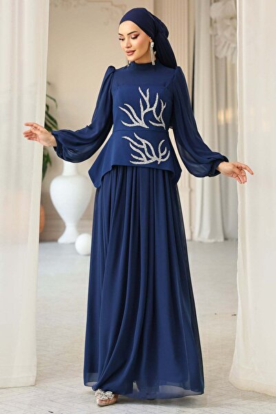 Olcay Önü Taş Desenli Krep ve Şifon Kombinli Tesettür Abiye Elbise K. İNDİGO ...