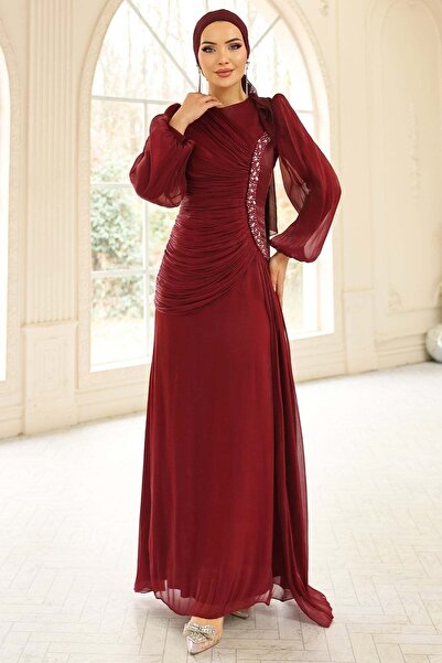 Olcay İnci ve Pilise Detaylı Yoryo İpek Tesettür Abiye Elbise BORDO 1249